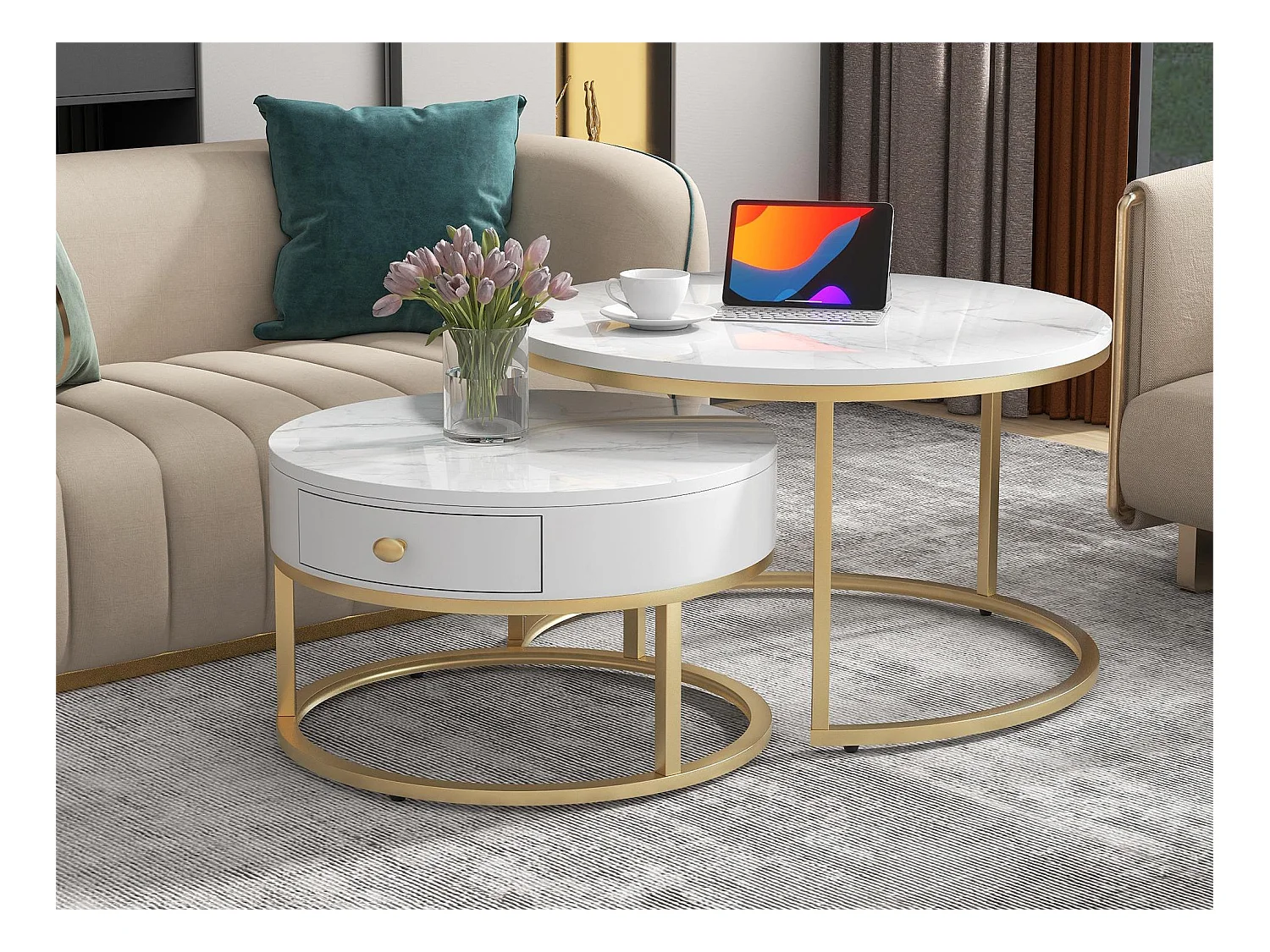 Lot de 2 tables basses gigognes avec tiroir - style scandinave - placage à motif de marbre - Blanc