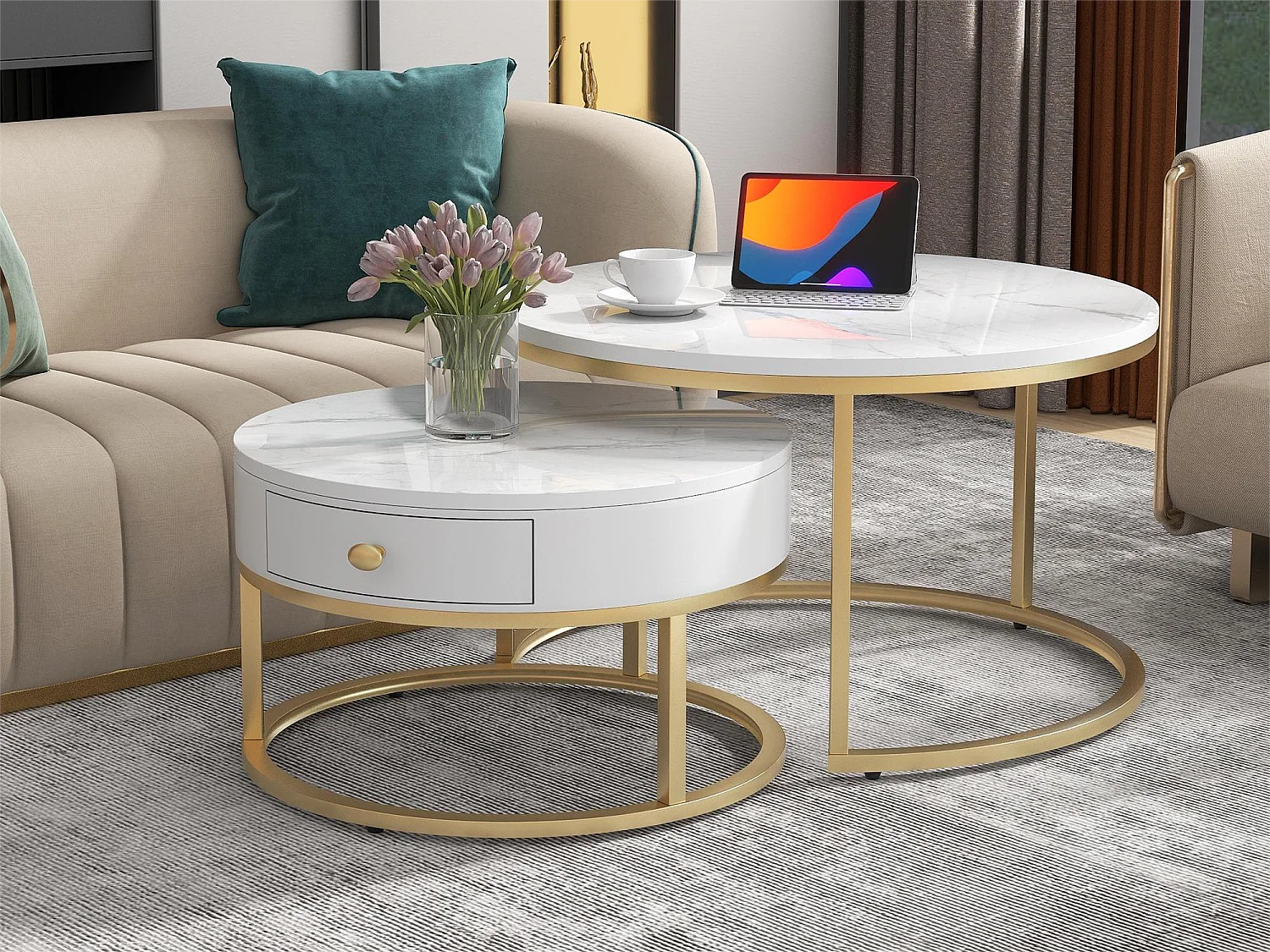 Lot de 2 tables basses gigognes avec tiroir - style scandinave - placage à motif de marbre - Blanc