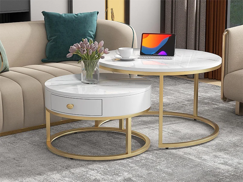 Set di 2 tavolini bassi impilabili con cassetto - Stile scandinavo - impiallacciatura con motivo marmo - Bianco