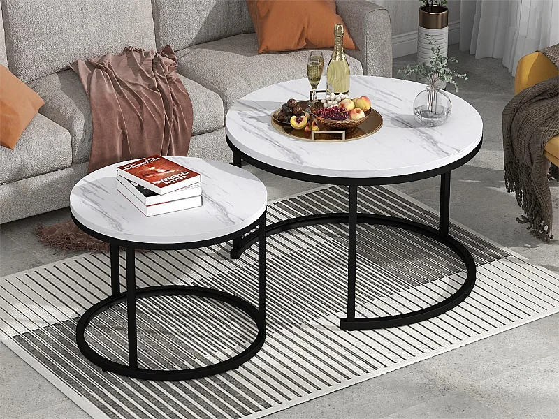 Set aus 2 ineinander steckbaren Couchtischen, runder MDF-Beistelltisch, marmoriertes Furnier, weiß