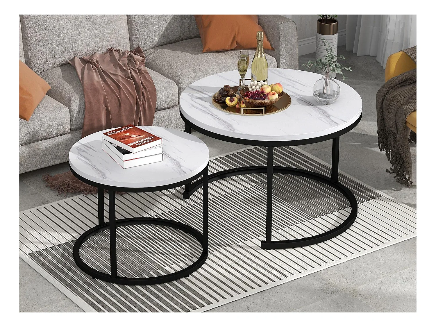 Lot de 2 tables basses gigognes, table d'appoint ronde en MDF, placage marbré, blanc