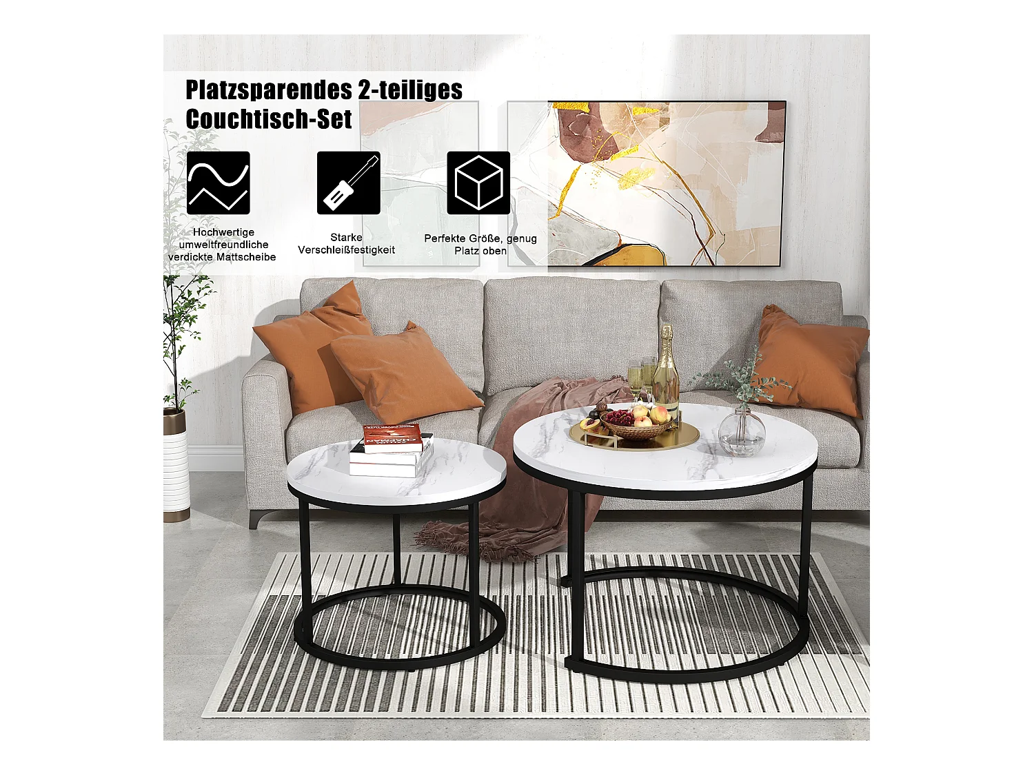 Set van 2 in elkaar passende salontafels, ronde bijzettafel van MDF, marmerfineer, wit