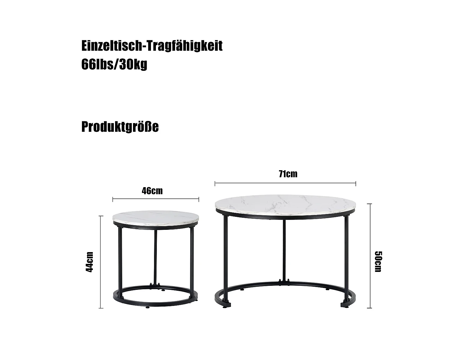 Set van 2 in elkaar passende salontafels, ronde bijzettafel van MDF, marmerfineer, wit