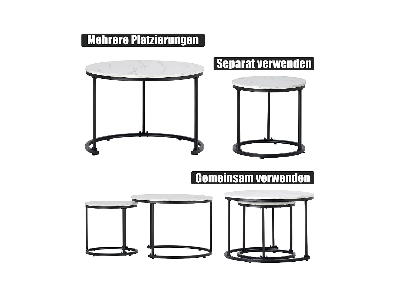 Set van 2 in elkaar passende salontafels, ronde bijzettafel van MDF, marmerfineer, wit