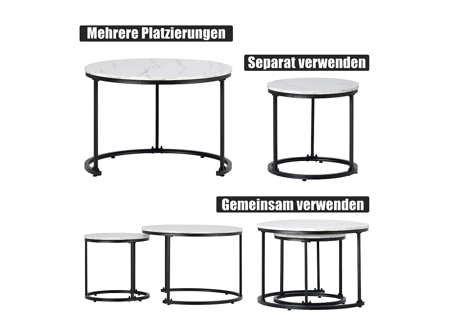 Zestaw 2 składanych stolików kawowych, okrągły stolik boczny z płyty MDF, okleina marmurowa, biały