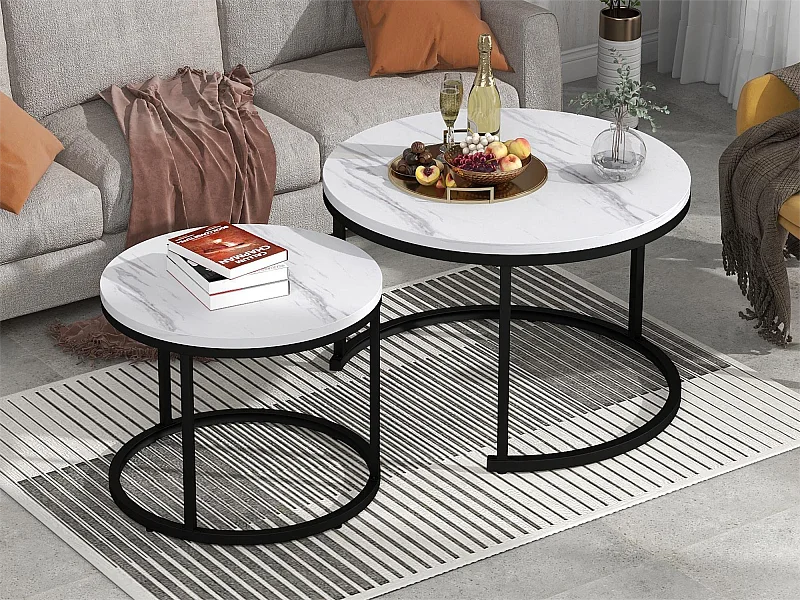 Lot de 2 tables basses gigognes, table d'appoint ronde en MDF, placage marbré, blanc