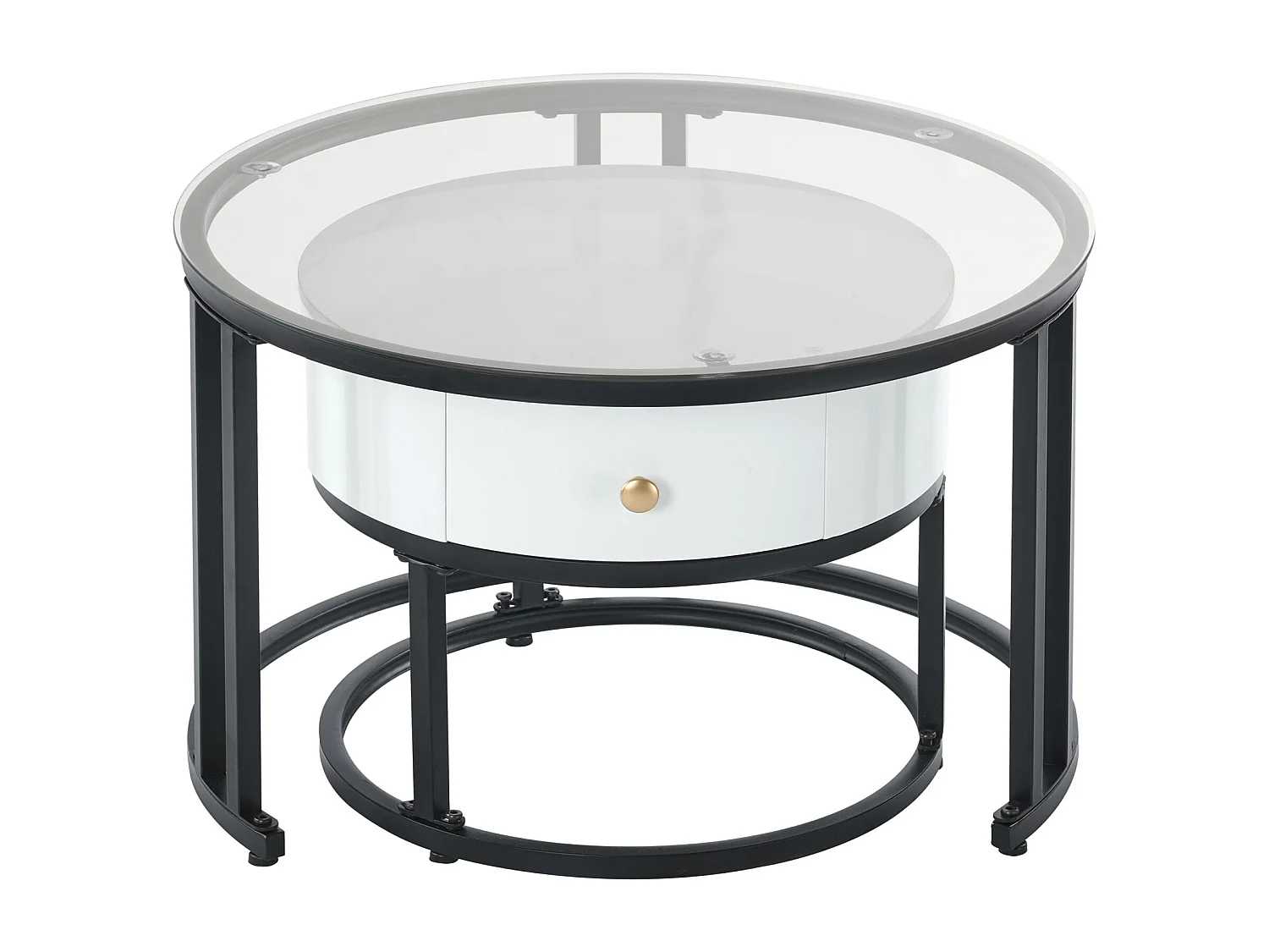 Lot de 2 Tables Basse Gigognes avec Tiroir - Plateaux Verre et Motif Marbre - Table d'Appoint - Blanc