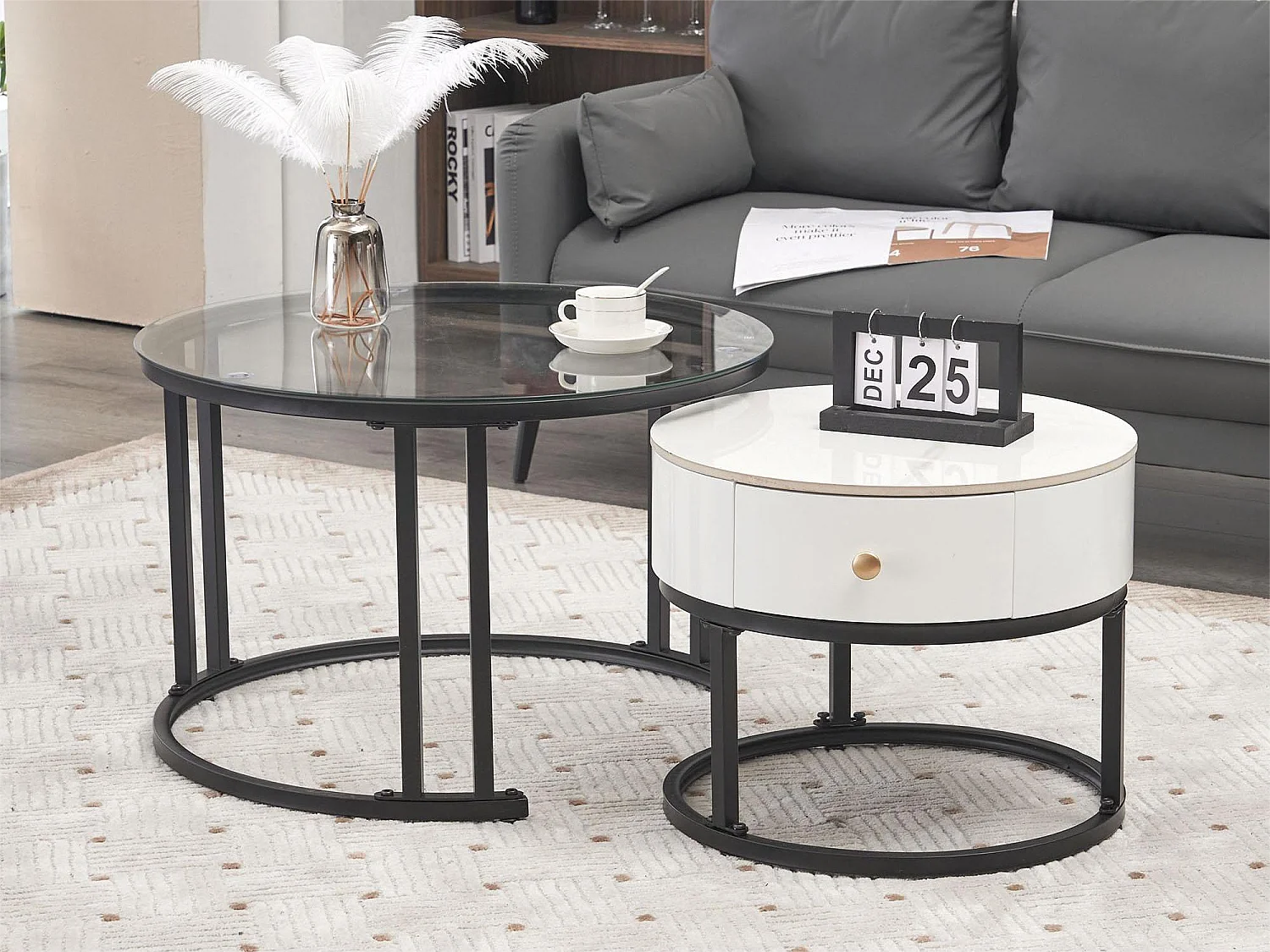 Lot de 2 Tables Basse Gigognes avec Tiroir - Plateaux Verre et Motif Marbre - Table d'Appoint - Blanc