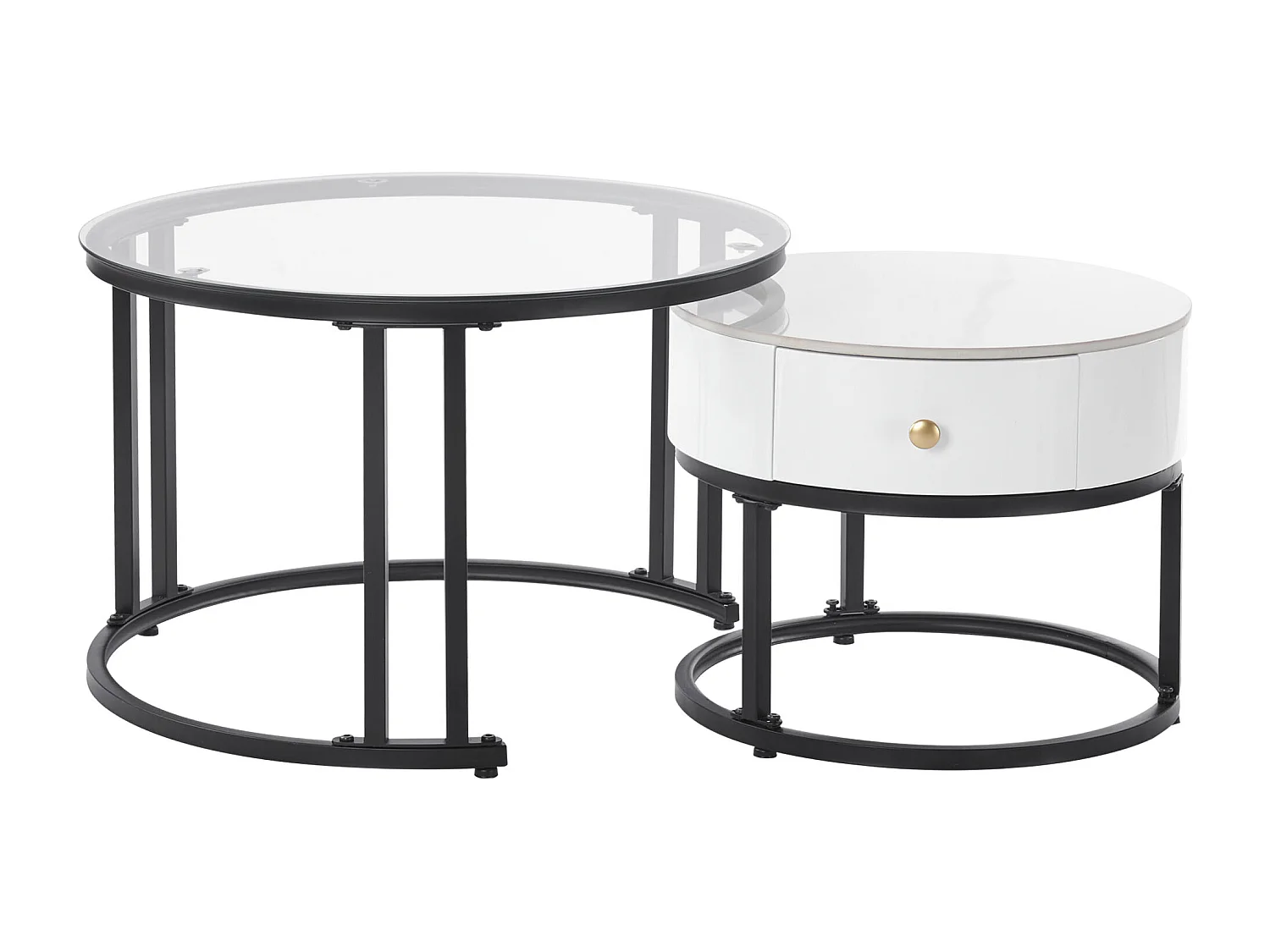 Lot de 2 Tables Basse Gigognes avec Tiroir - Plateaux Verre et Motif Marbre - Table d'Appoint - Blanc