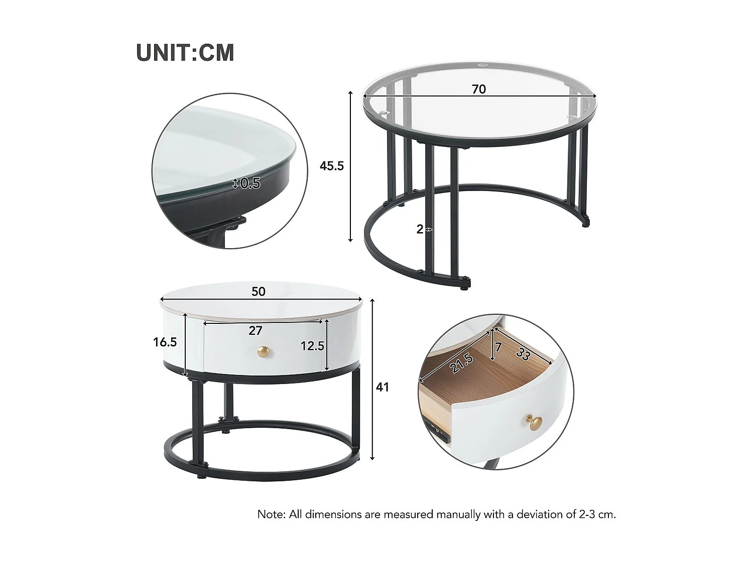 Lot de 2 Tables Basse Gigognes avec Tiroir - Plateaux Verre et Motif Marbre - Table d'Appoint - Blanc