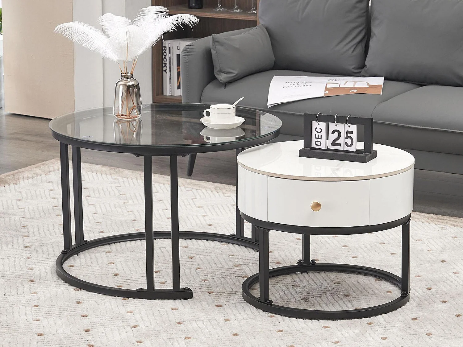 Lot de 2 Tables Basse Gigognes avec Tiroir - Plateaux Verre et Motif Marbre - Table d'Appoint - Blanc