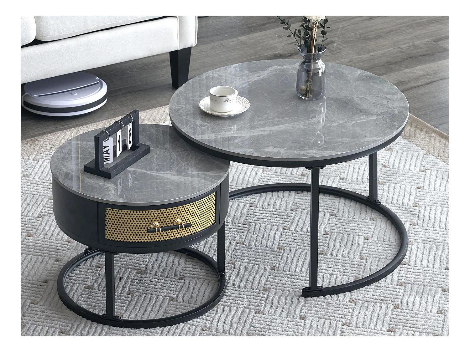 Set van 2 in elkaar passende salontafels met lade - Bladen met marmerpatroon - Moderne stijl - Grijs