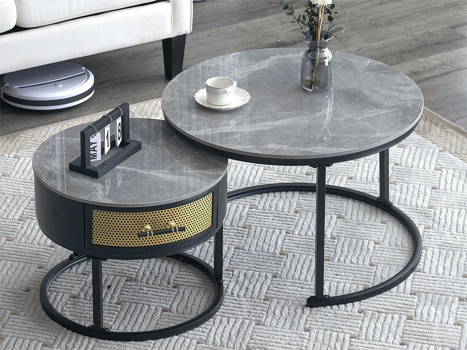 Lot de 2 tables basses gigognes avec tiroir - Plateaux en motif marbre - Style moderne - Gris