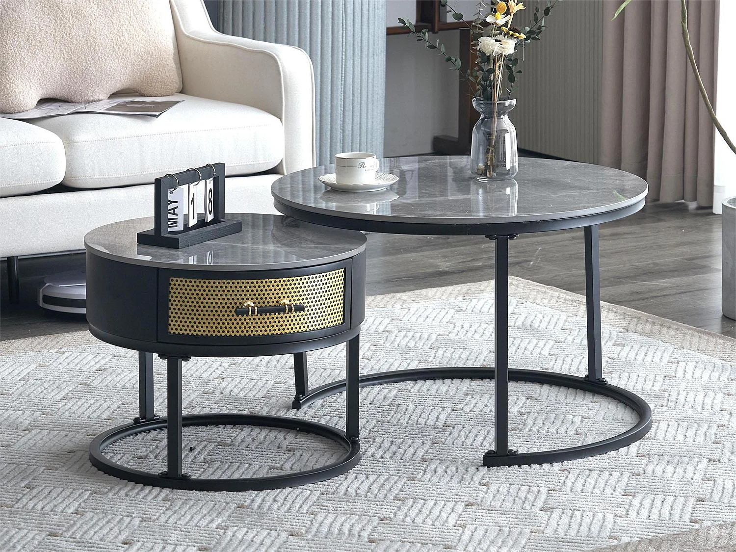 Lot de 2 tables basses gigognes avec tiroir - Plateaux en motif marbre - Style moderne - Gris