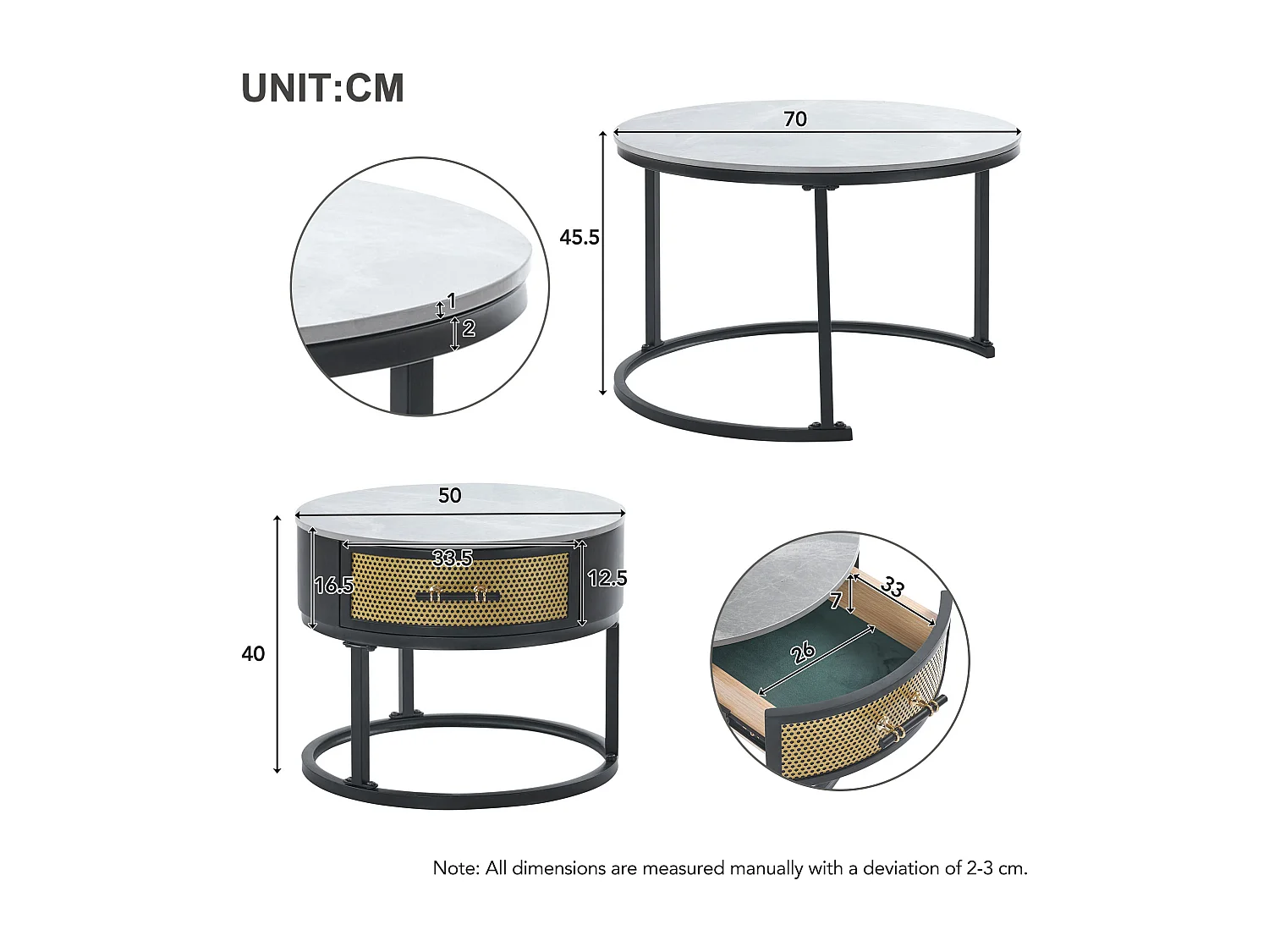 Lot de 2 tables basses gigognes avec tiroir - Plateaux en motif marbre - Style moderne - Gris