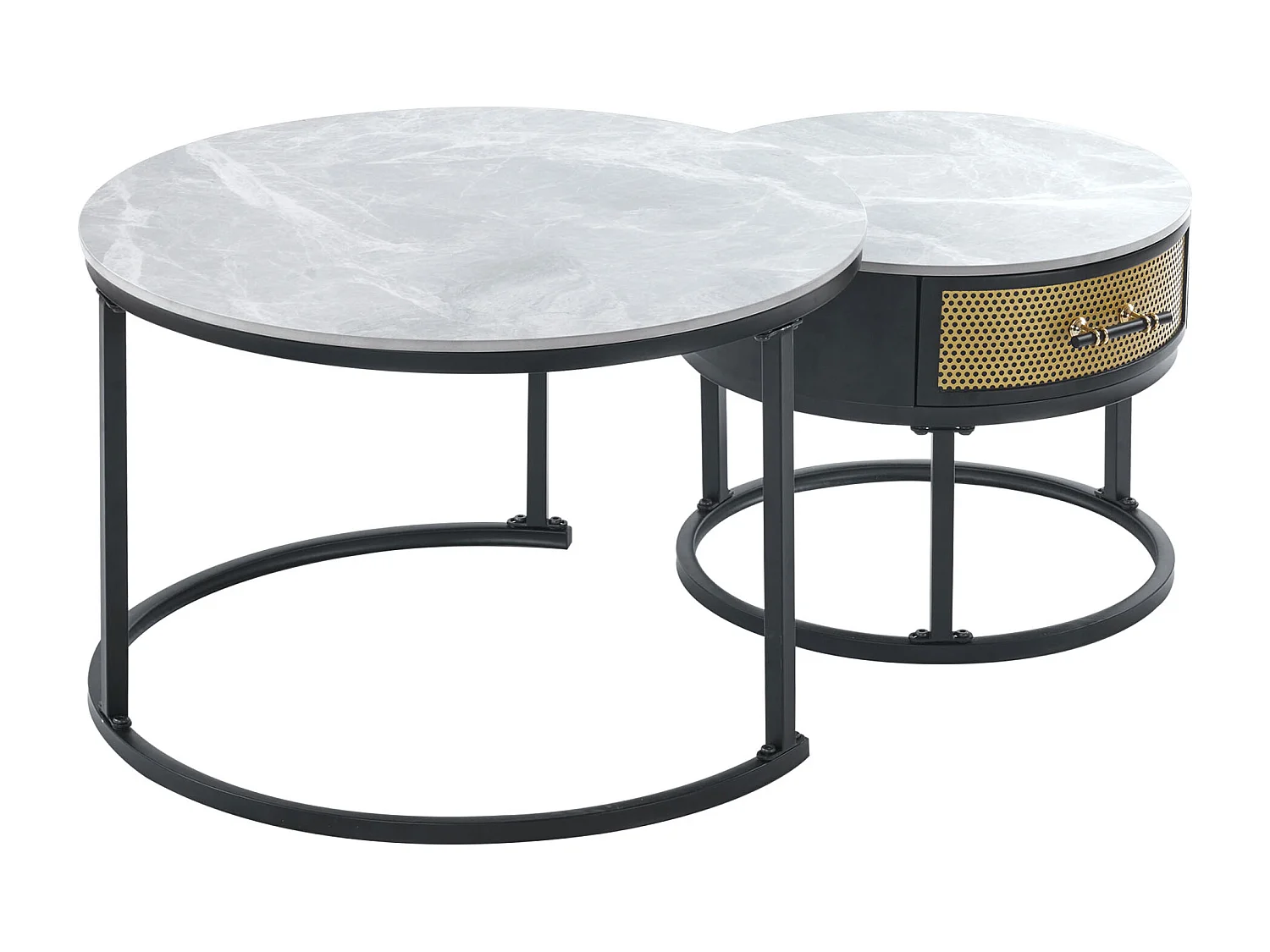 Lot de 2 tables basses gigognes avec tiroir - Plateaux en motif marbre - Style moderne - Gris