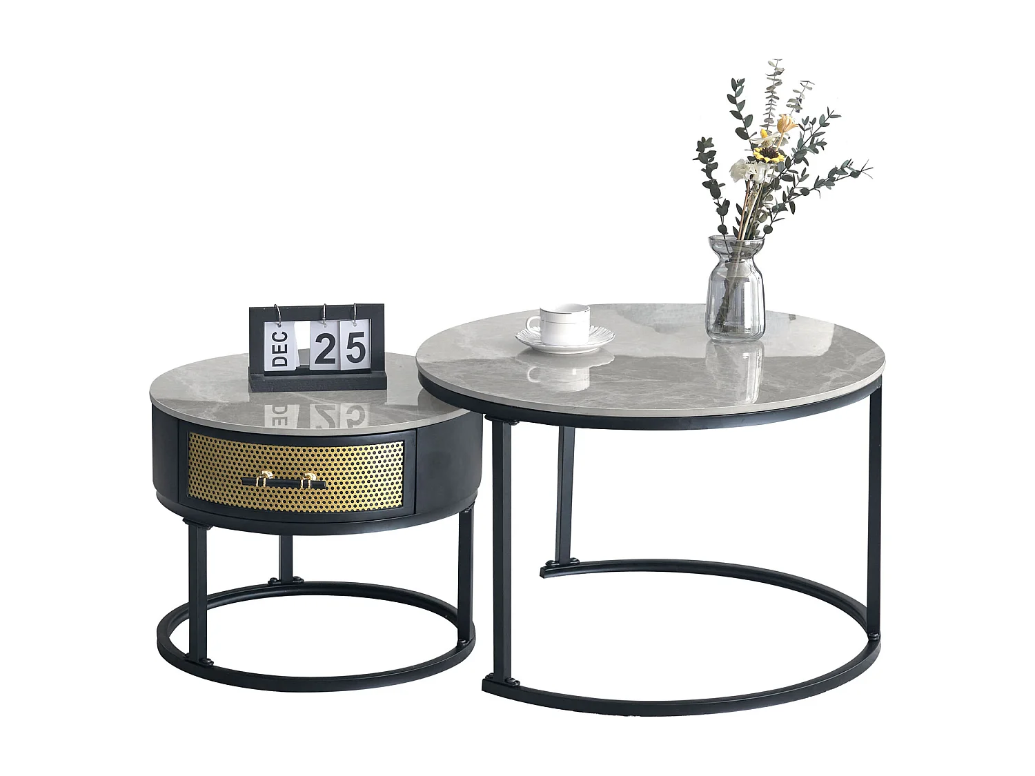 Lot de 2 tables basses gigognes avec tiroir - Plateaux en motif marbre - Style moderne - Gris