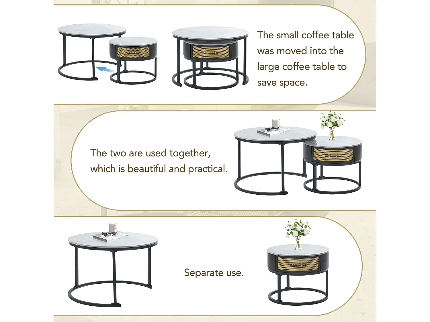 Lot de 2 tables basses gigognes avec tiroir - Plateaux en motif marbre - Style moderne - Gris