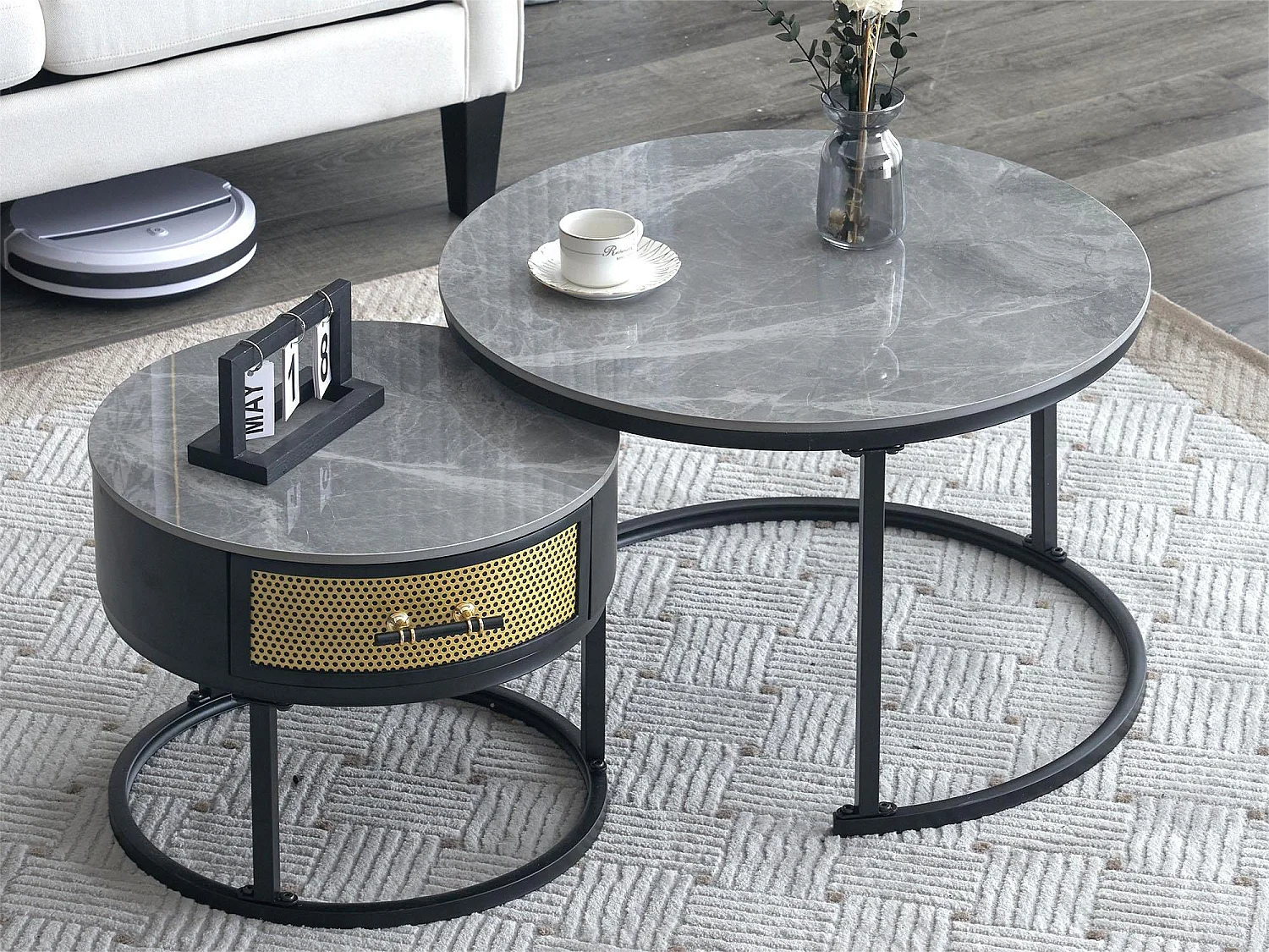 Lot de 2 tables basses gigognes avec tiroir - Plateaux en motif marbre - Style moderne - Gris