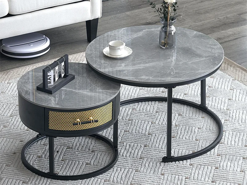 Lot de 2 tables basses gigognes avec tiroir - Plateaux en motif marbre - Style moderne - Gris