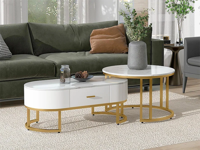 Set aus 2 ineinander steckbaren Couchtischen mit Schublade – Metallbeine – marmoriertes Furnier – weiß