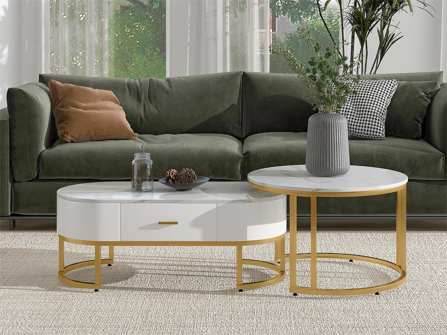 Set aus 2 ineinander steckbaren Couchtischen mit Schublade – Metallbeine – marmoriertes Furnier – weiß