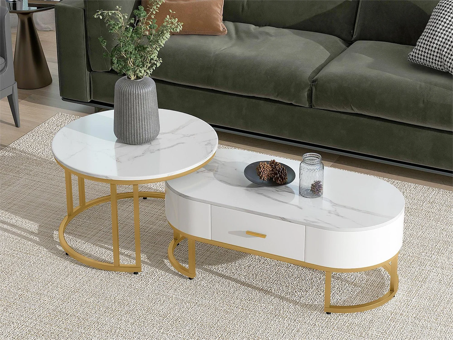 Set aus 2 ineinander steckbaren Couchtischen mit Schublade – Metallbeine – marmoriertes Furnier – weiß