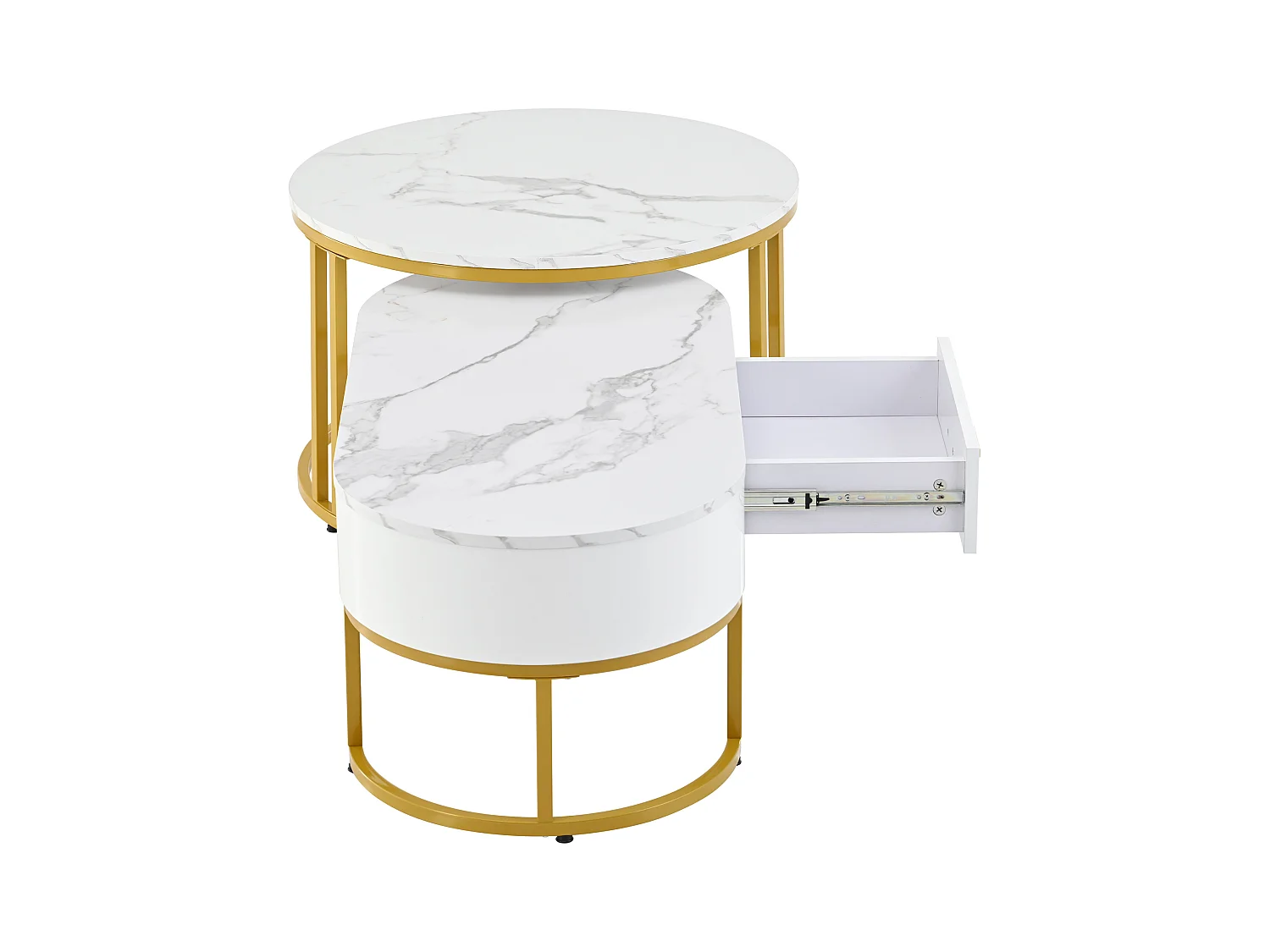 Set aus 2 ineinander steckbaren Couchtischen mit Schublade – Metallbeine – marmoriertes Furnier – weiß