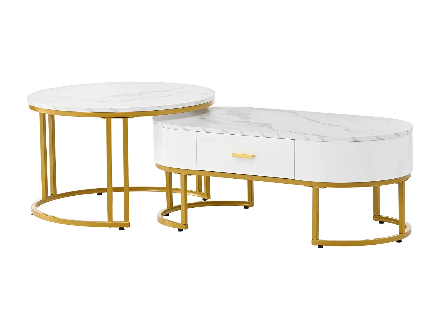 Set aus 2 ineinander steckbaren Couchtischen mit Schublade – Metallbeine – marmoriertes Furnier – weiß
