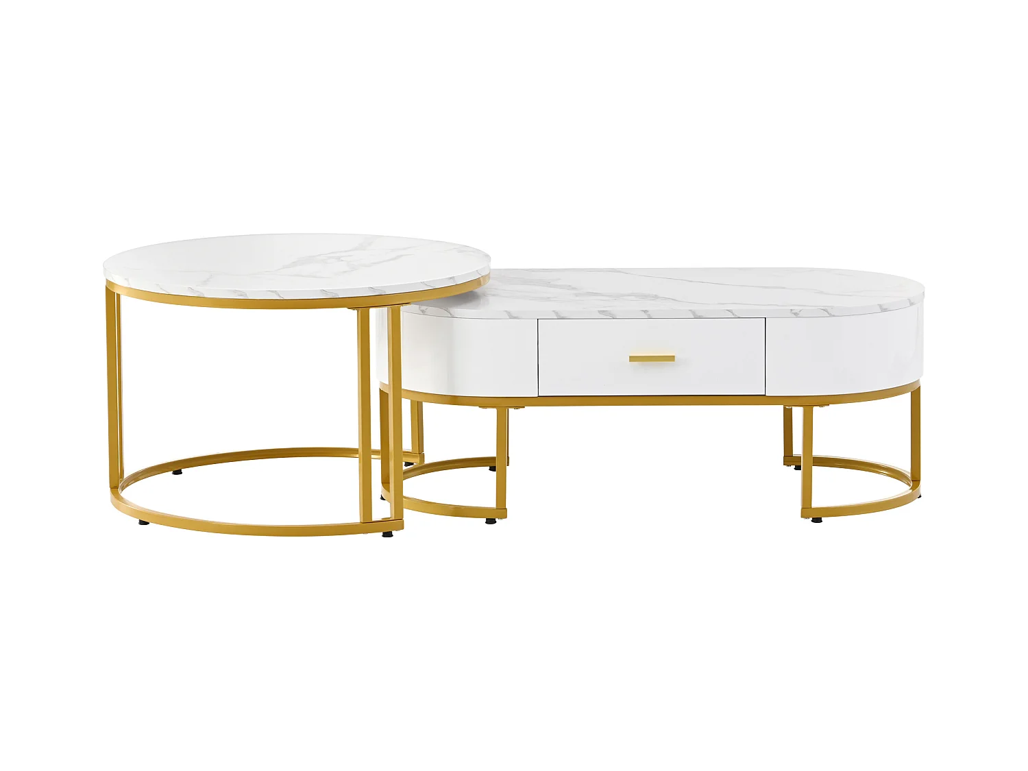 Set aus 2 ineinander steckbaren Couchtischen mit Schublade – Metallbeine – marmoriertes Furnier – weiß