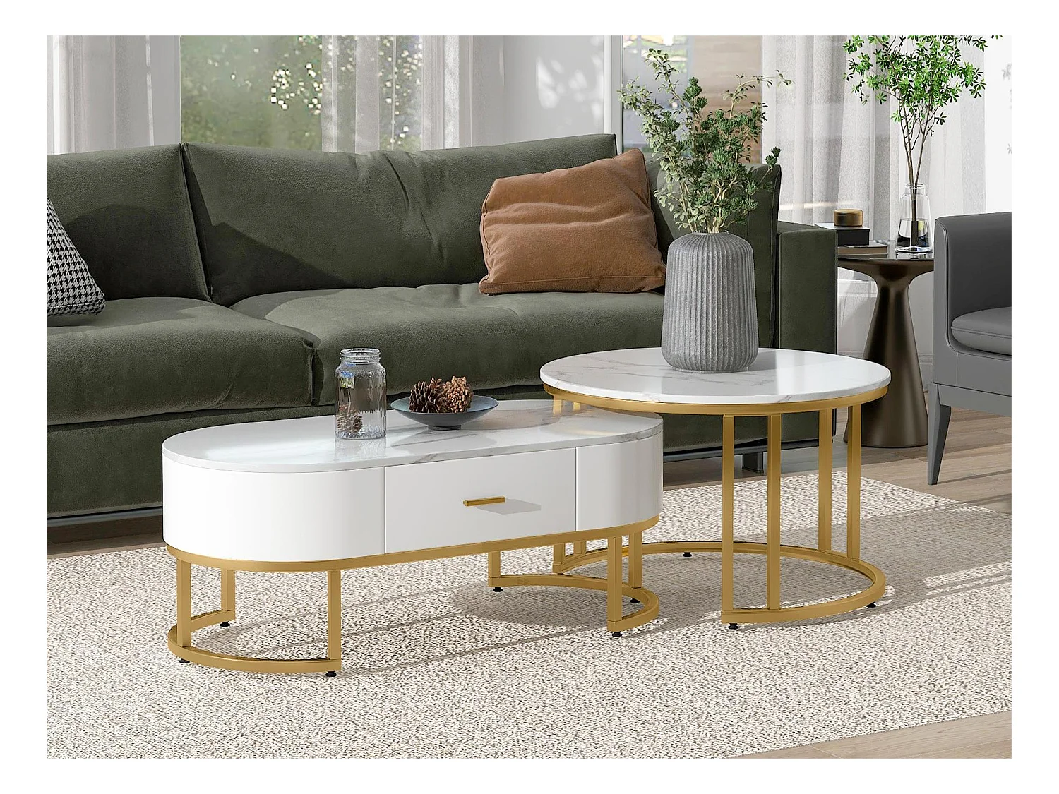 Lot de 2 tables basse gigognes avec tiroir - pièds métallique - placage marbré - blanc