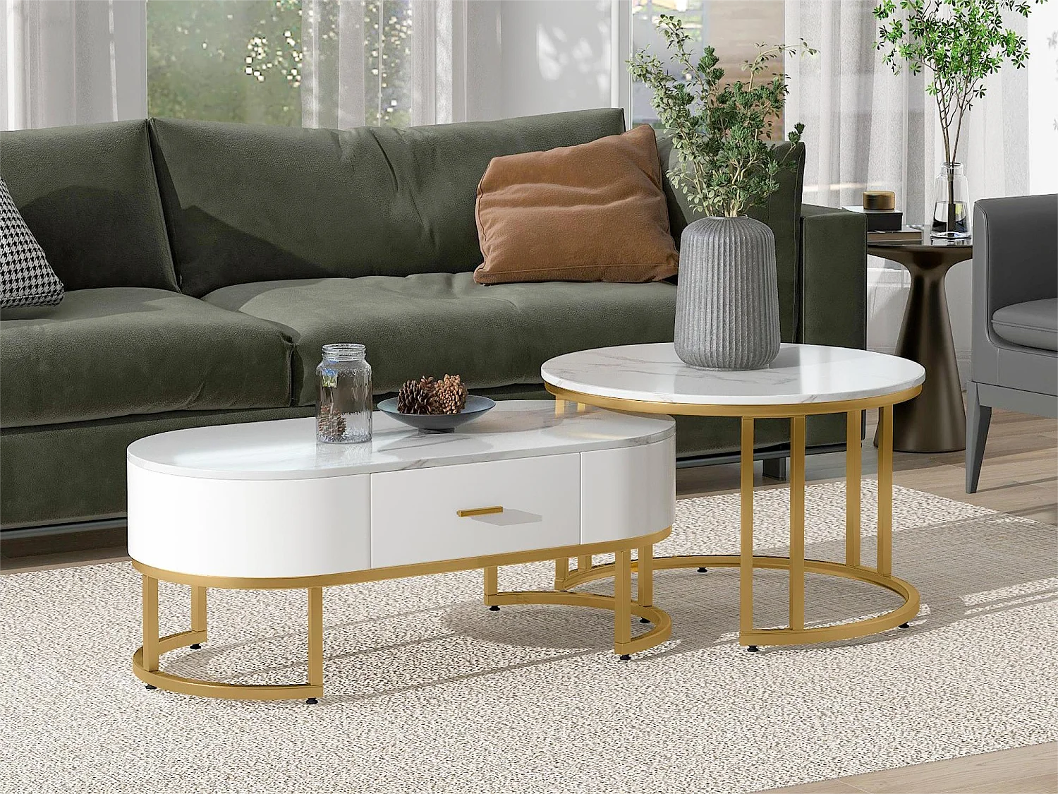 Lot de 2 tables basse gigognes avec tiroir - pièds métallique - placage marbré - blanc