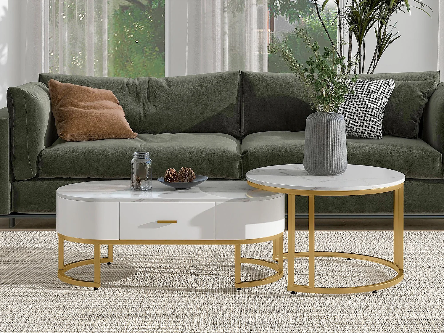 Lot de 2 tables basse gigognes avec tiroir - pièds métallique - placage marbré - blanc