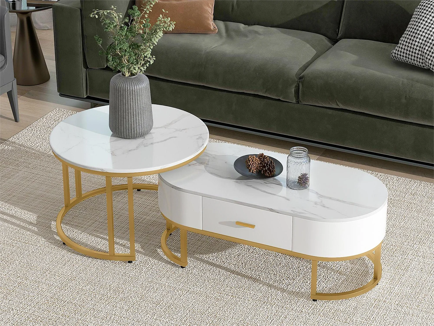 Lot de 2 tables basse gigognes avec tiroir - pièds métallique - placage marbré - blanc