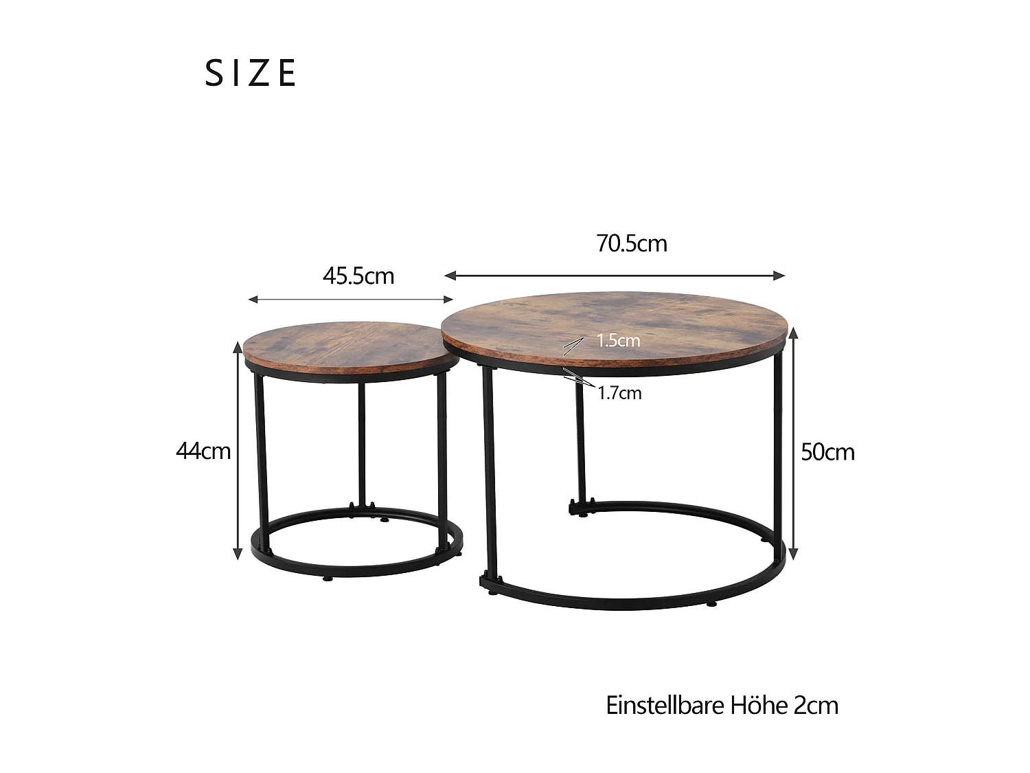 Set di 2 tavolini da caffè impilabili, tavolino rotondo in MDF, impiallacciato in marmo, stile industriale, marrone