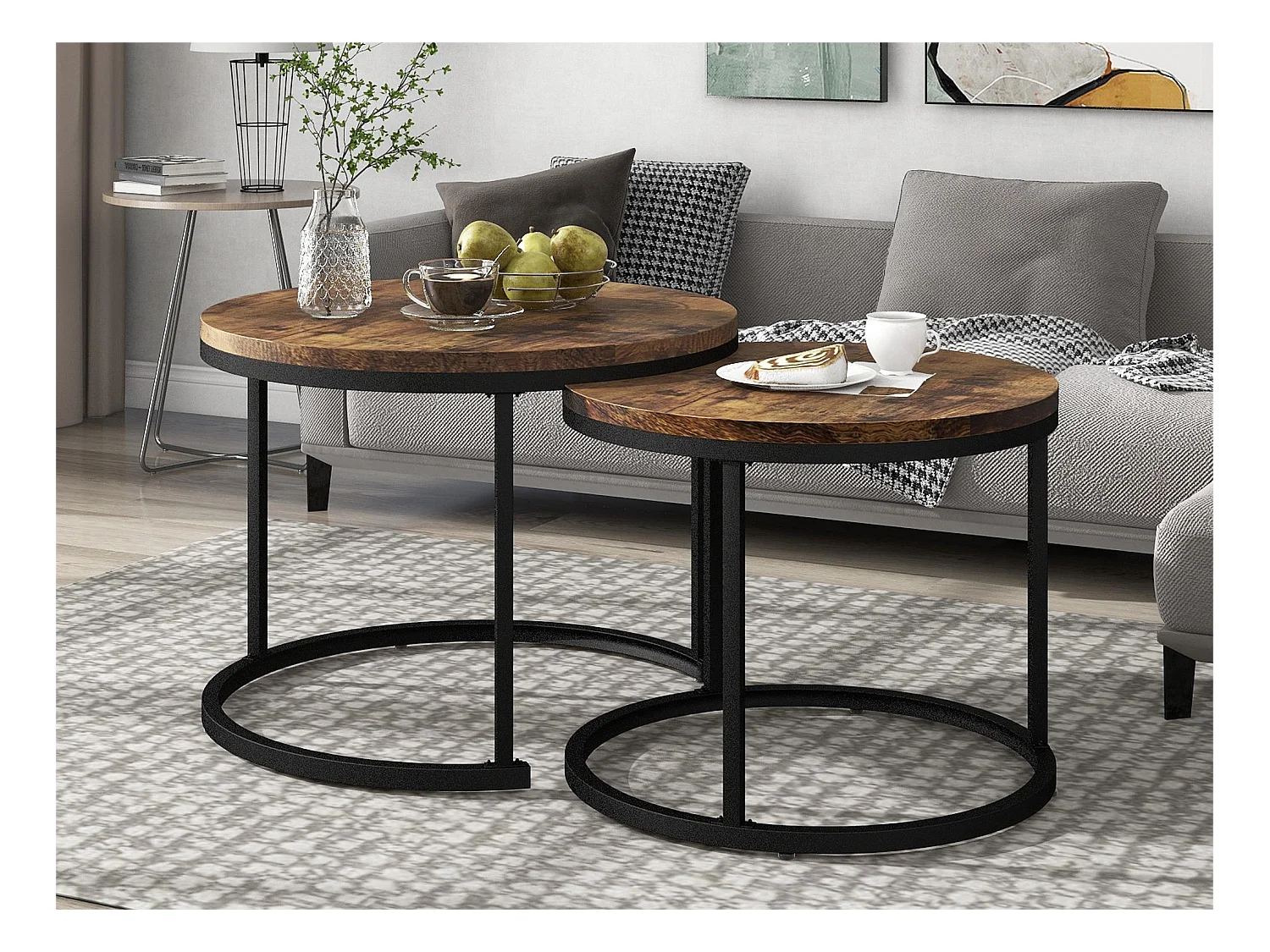 Lot de 2 tables basses gigognes, table d'appoint ronde en MDF, placage marbré, style industriel, marron