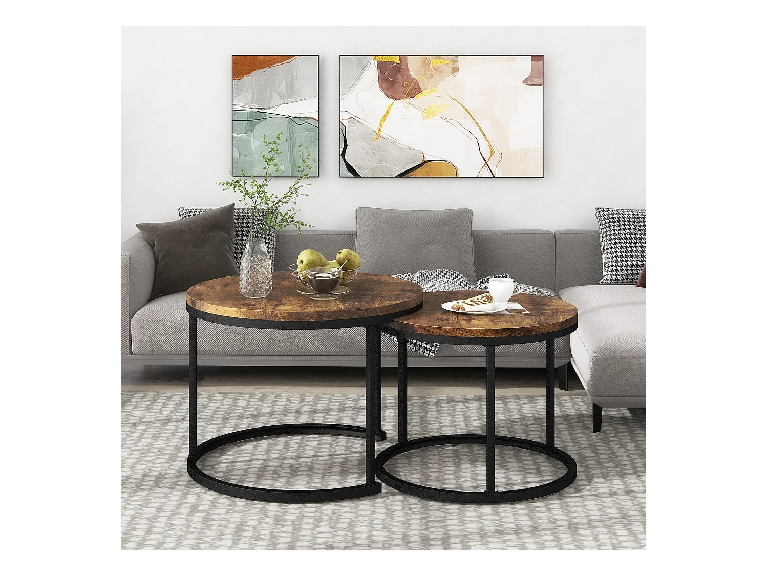 Set van 2 in elkaar passende salontafels, ronde bijzettafel van MDF, marmerfineer, industriële stijl, bruin