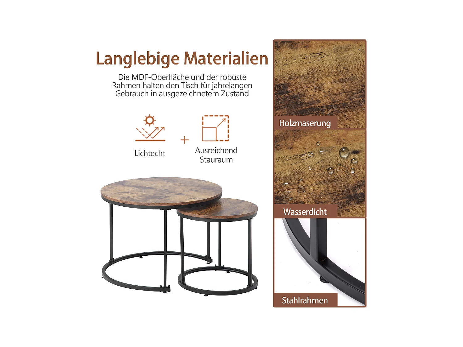 Set van 2 in elkaar passende salontafels, ronde bijzettafel van MDF, marmerfineer, industriële stijl, bruin