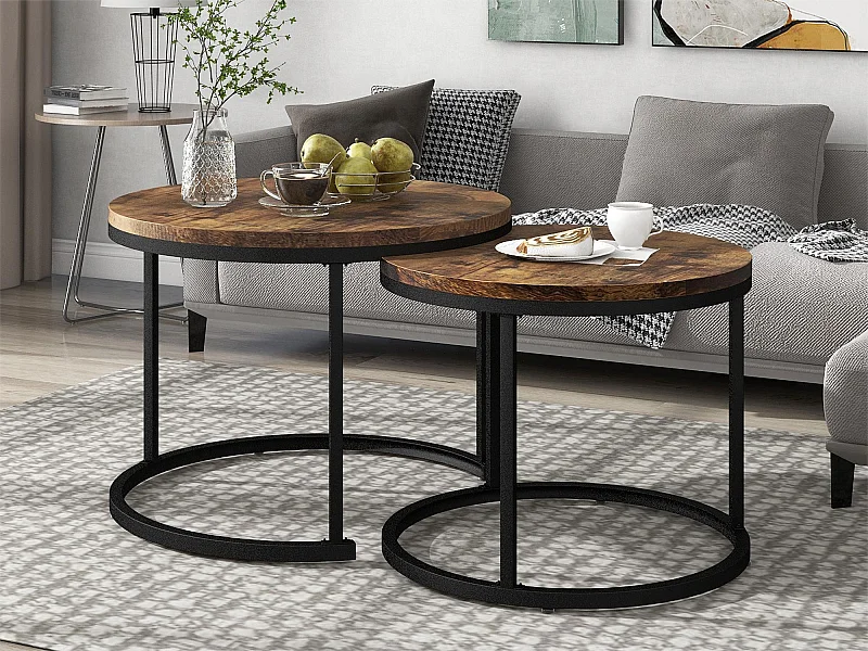 Set van 2 in elkaar passende salontafels, ronde bijzettafel van MDF, marmerfineer, industriële stijl, bruin