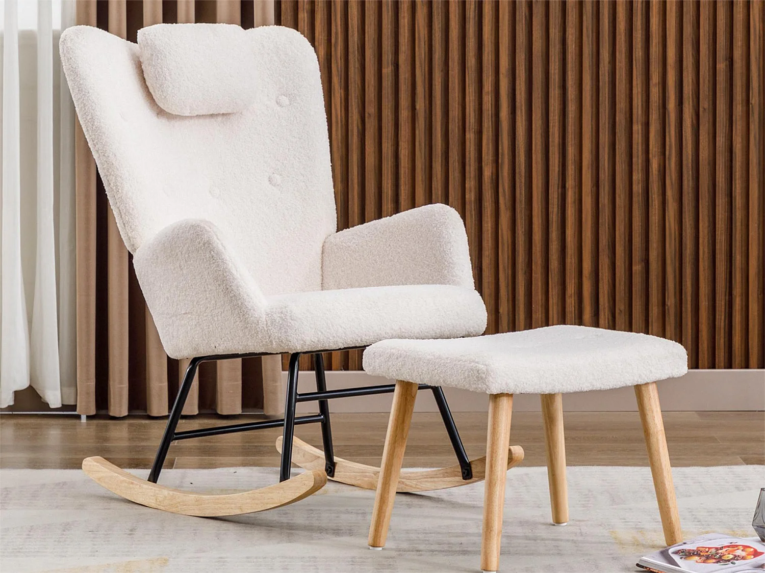 Fauteuil à bascule avec appui-tête et repose-pieds - Tissu bouclette - pour salon ou chambre - blanc