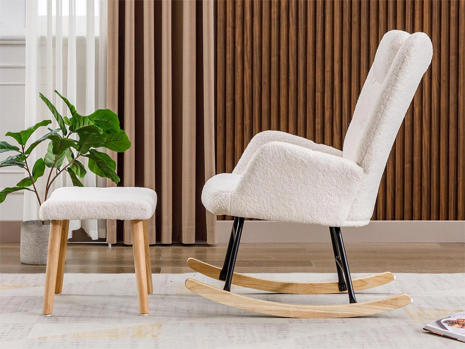 Fauteuil à bascule avec appui-tête et repose-pieds - Tissu bouclette - pour salon ou chambre - blanc