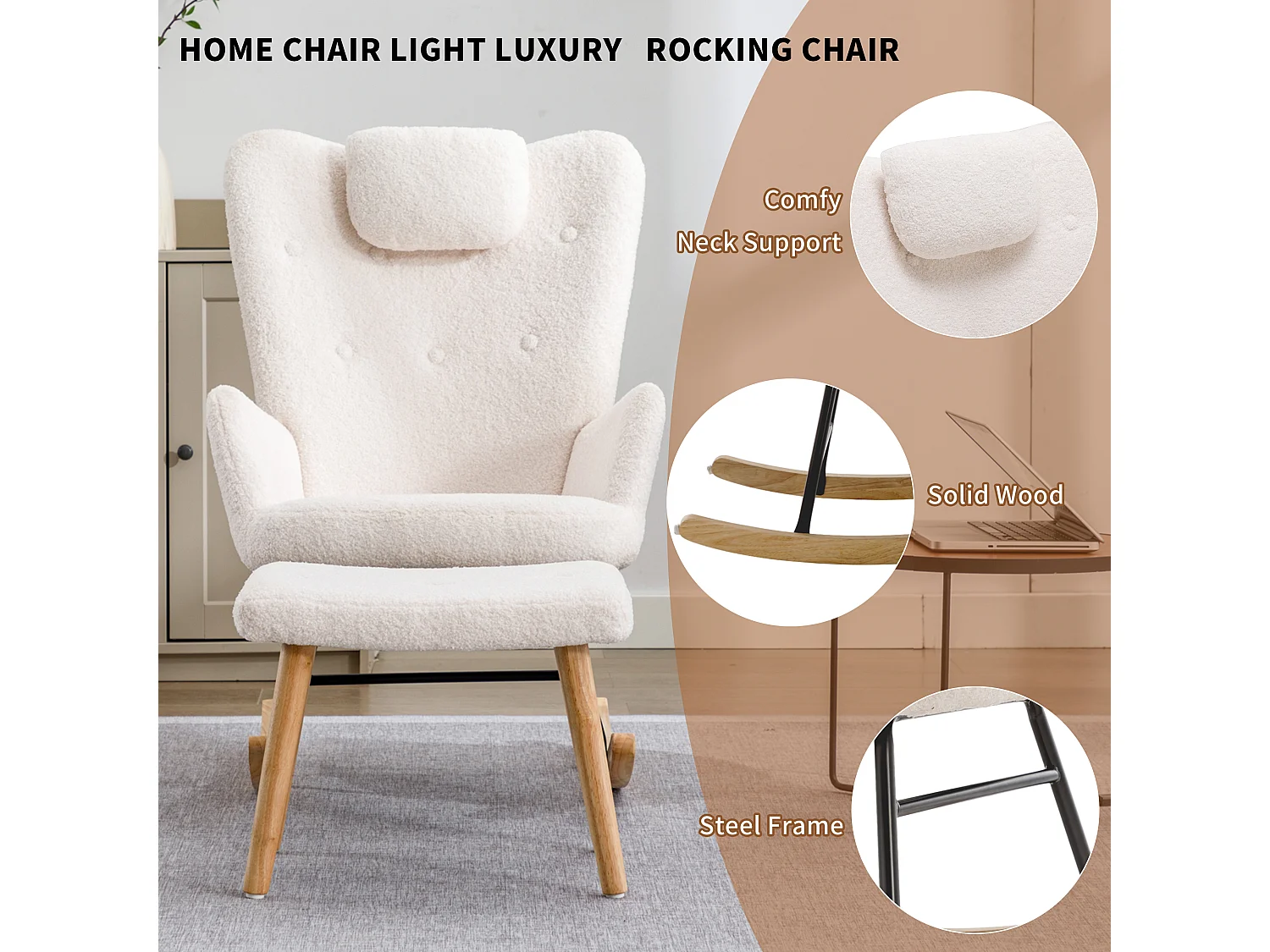 Fauteuil à bascule avec appui-tête et repose-pieds - Tissu bouclette - pour salon ou chambre - blanc