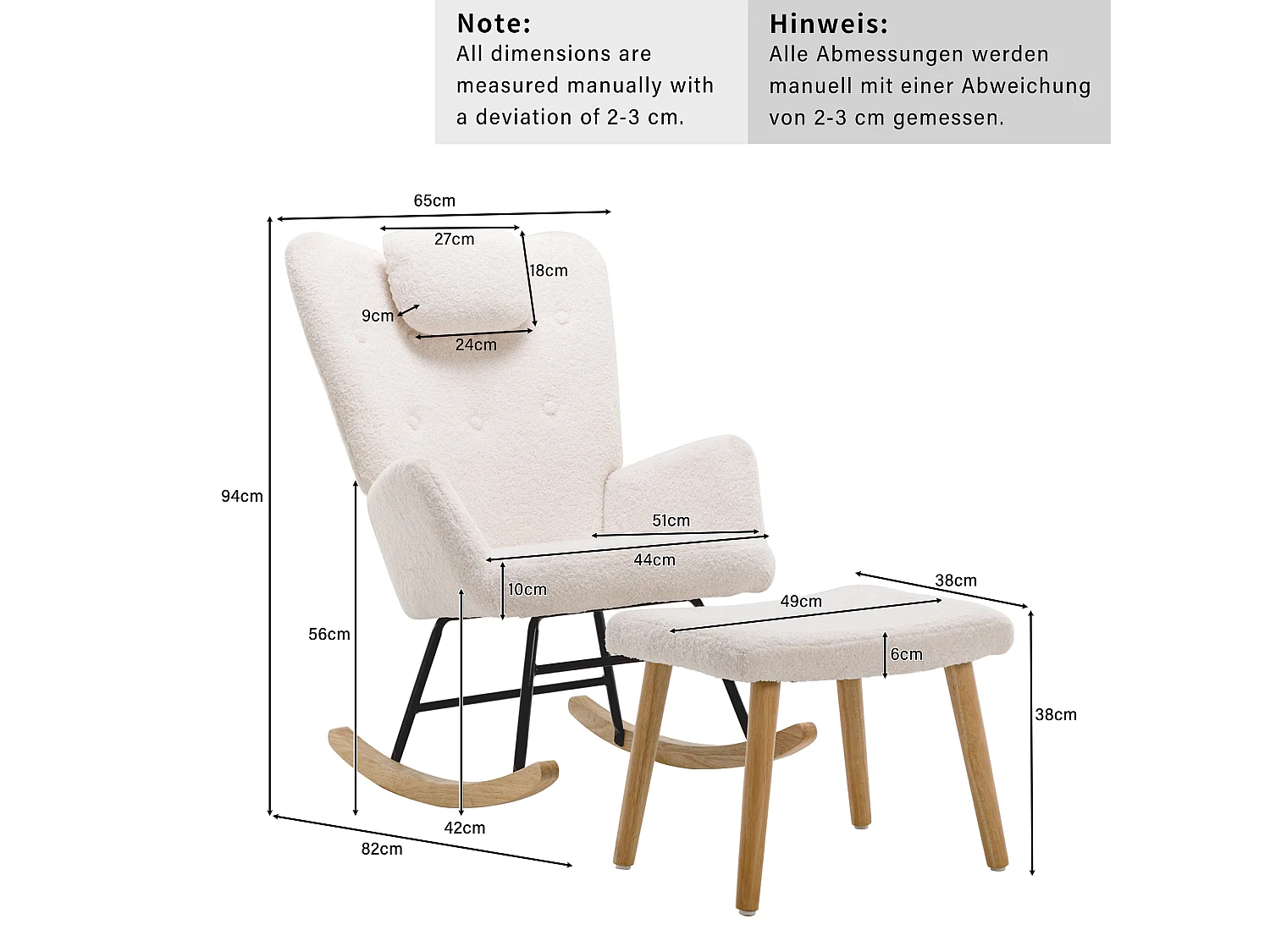 Fauteuil à bascule avec appui-tête et repose-pieds - Tissu bouclette - pour salon ou chambre - blanc