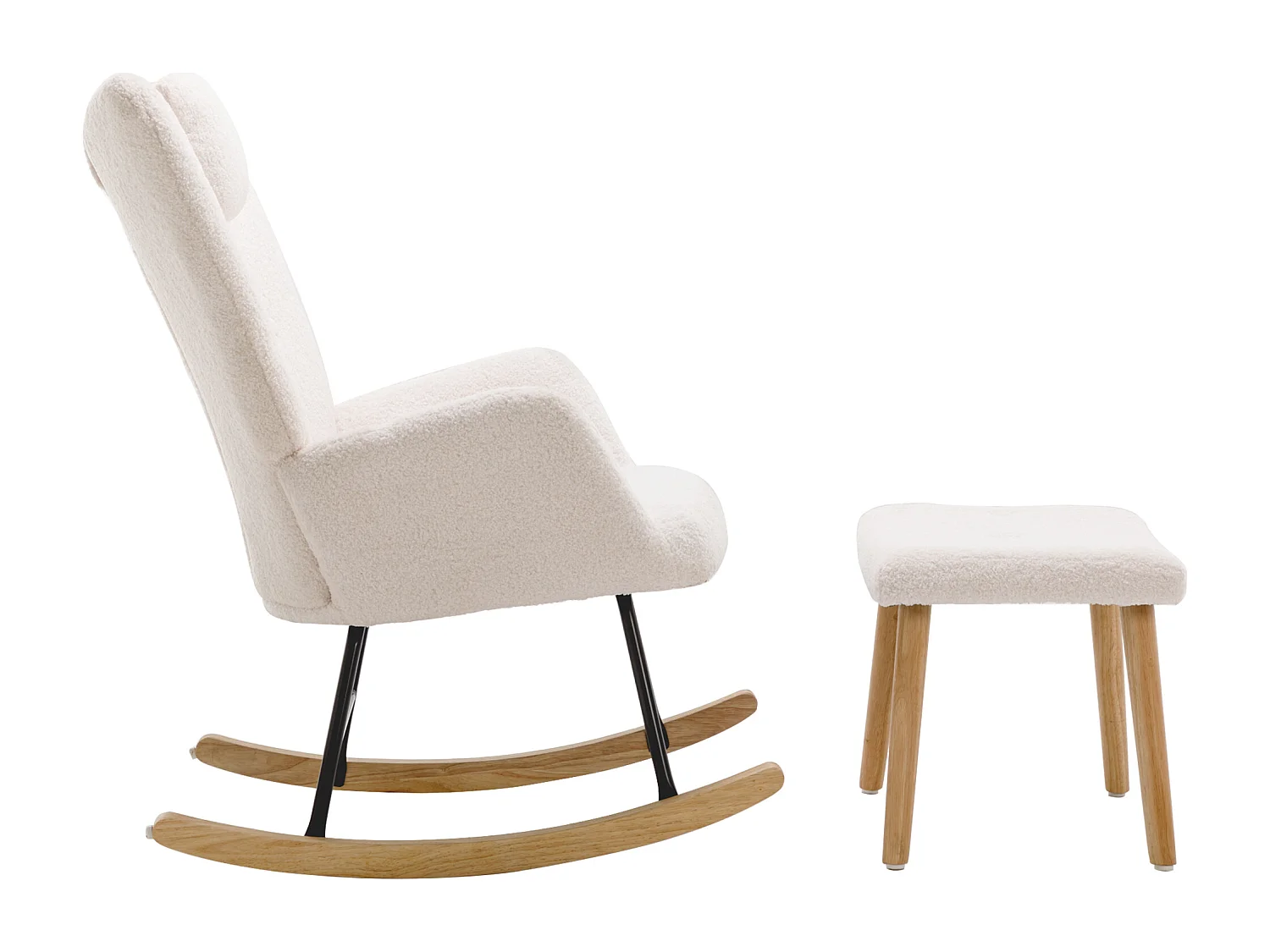 Fauteuil à bascule avec appui-tête et repose-pieds - Tissu bouclette - pour salon ou chambre - blanc