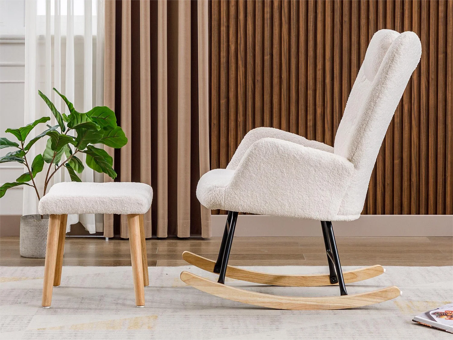 Fauteuil à bascule avec appui-tête et repose-pieds - Tissu bouclette - pour salon ou chambre - blanc