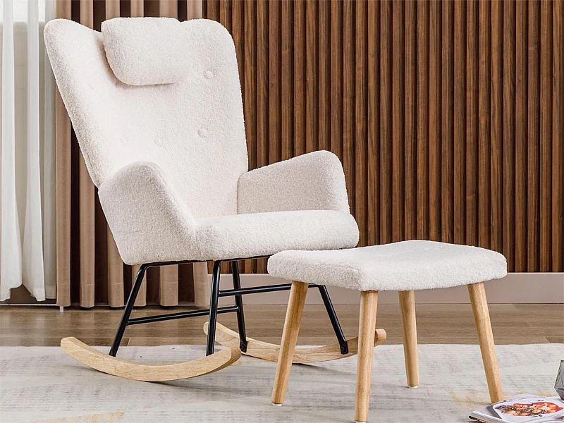 Fauteuil à bascule avec appui-tête et repose-pieds - Tissu bouclette - pour salon ou chambre - blanc