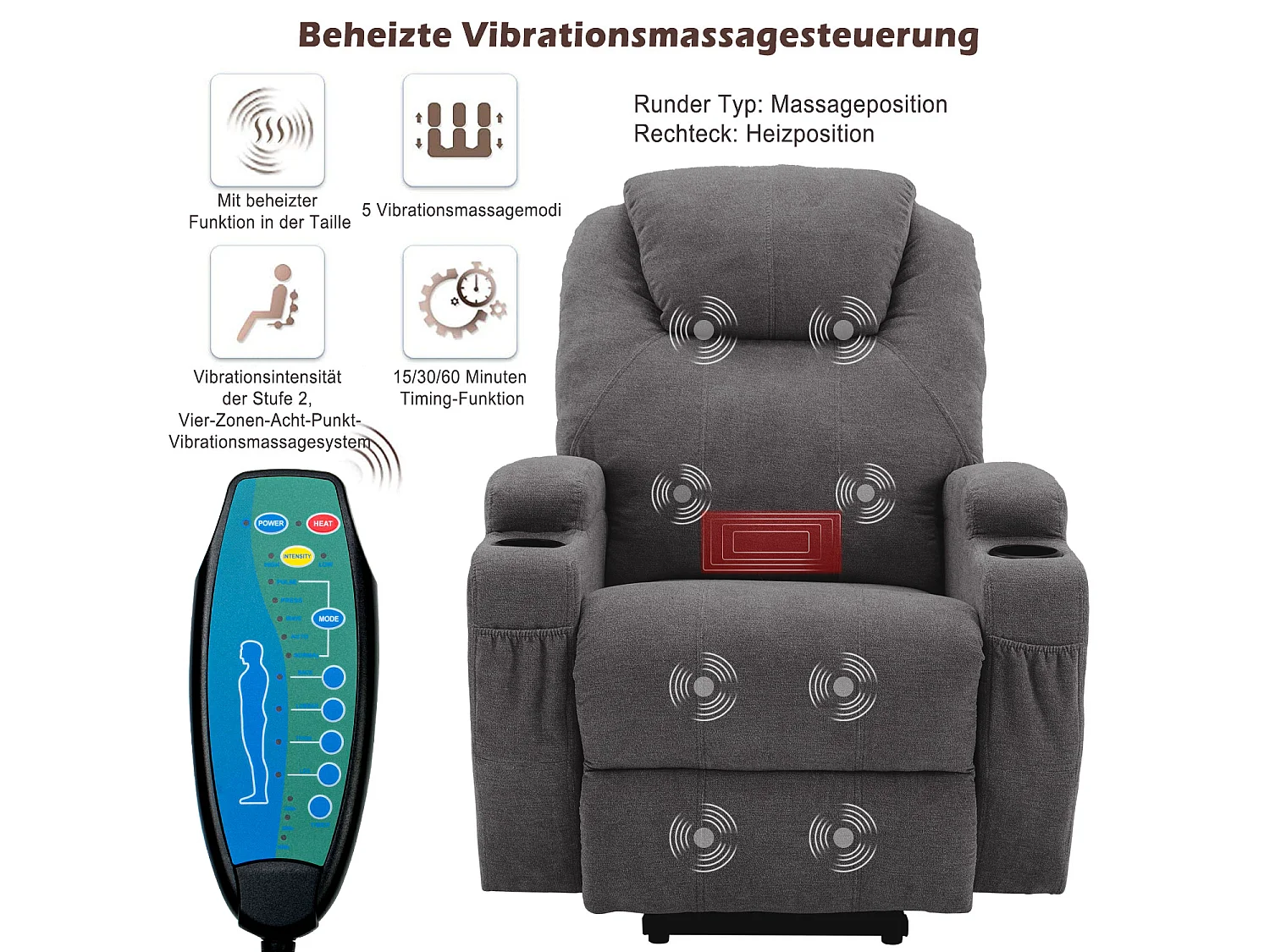 Fauteuil massant en tissu avec releveur électrique - Fauteuil de relaxation - Gris anthracite