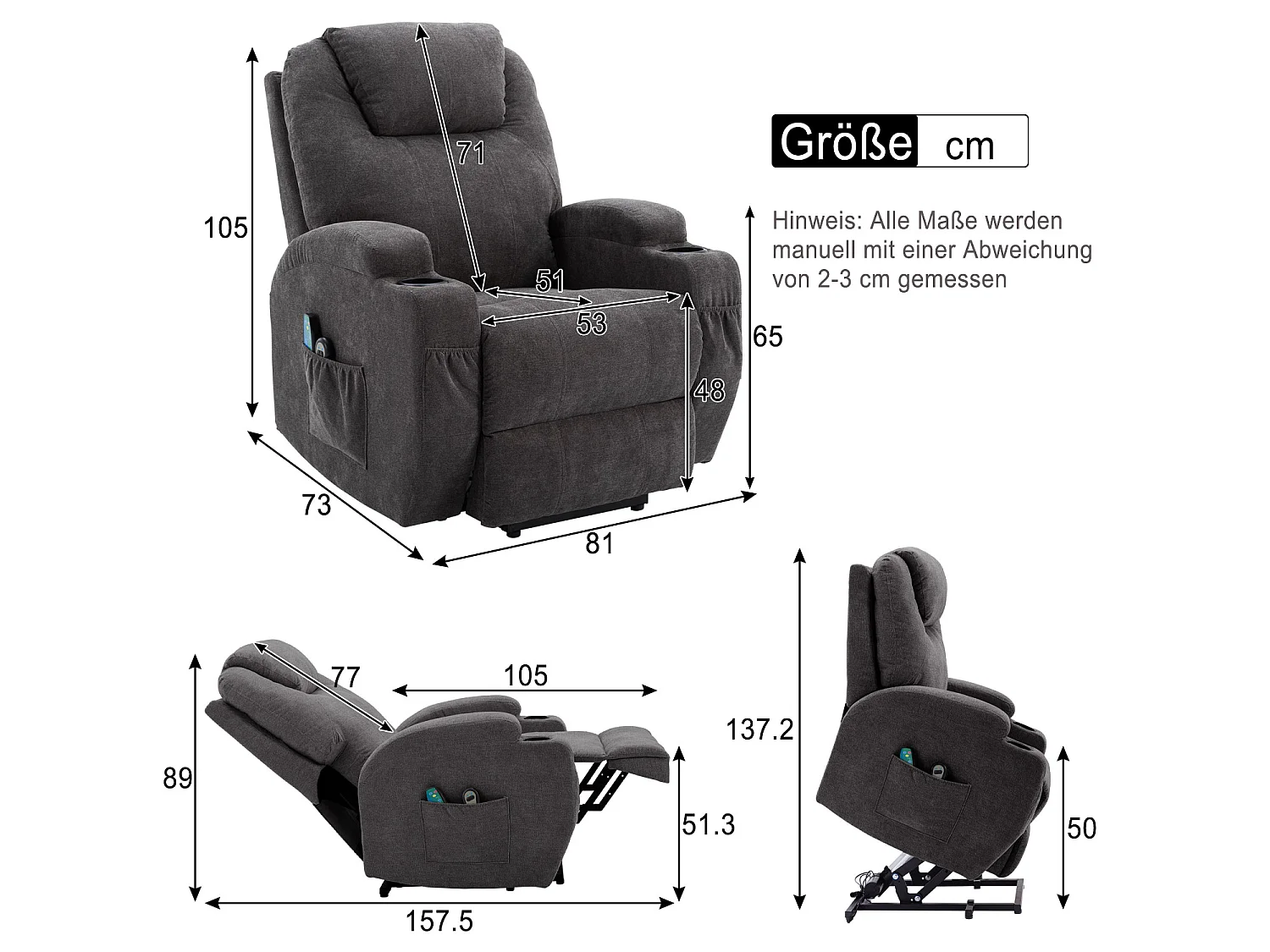 Fauteuil massant en tissu avec releveur électrique - Fauteuil de relaxation - Gris anthracite