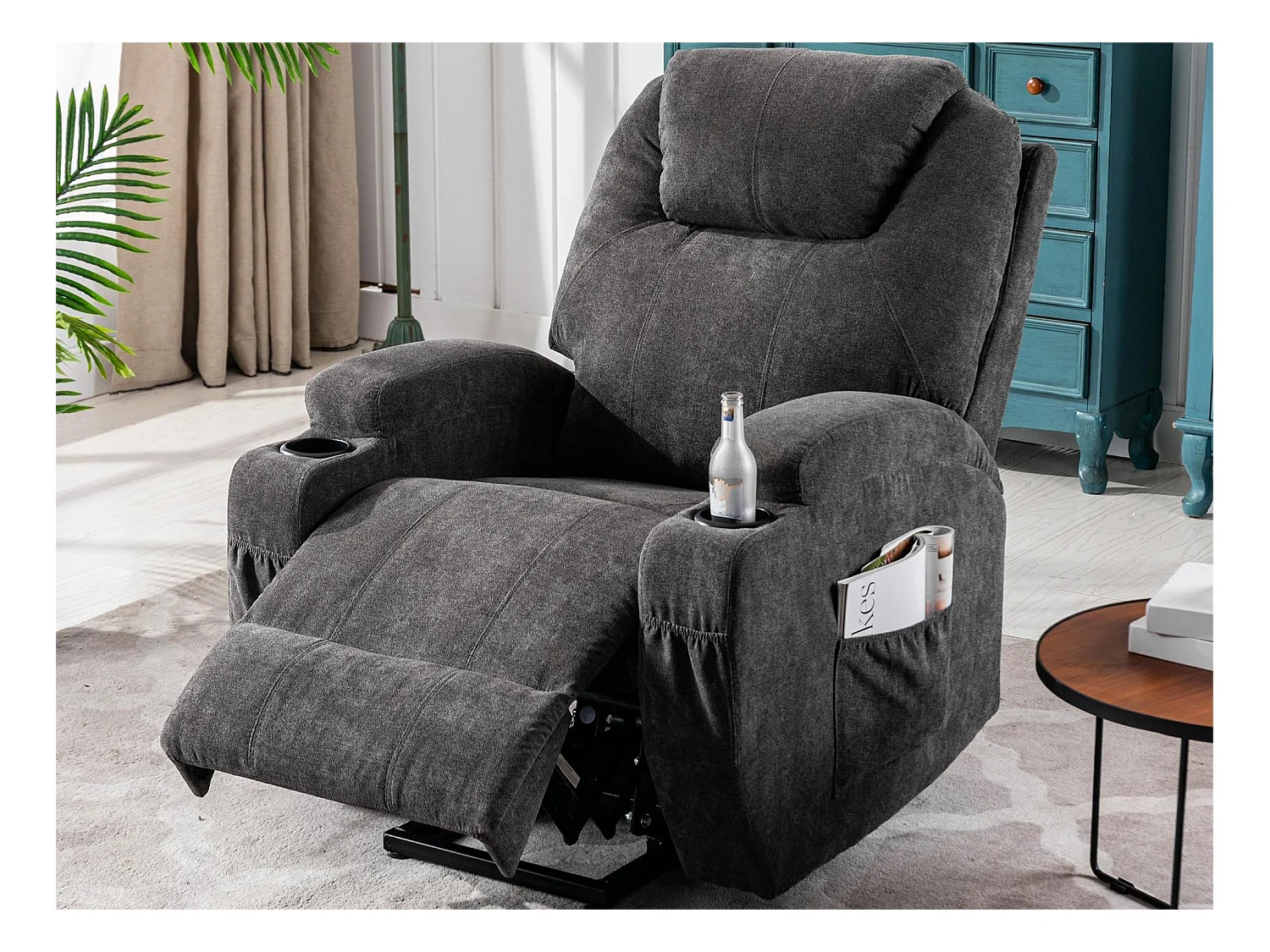 Fauteuil massant en tissu avec releveur électrique - Fauteuil de relaxation - Gris anthracite