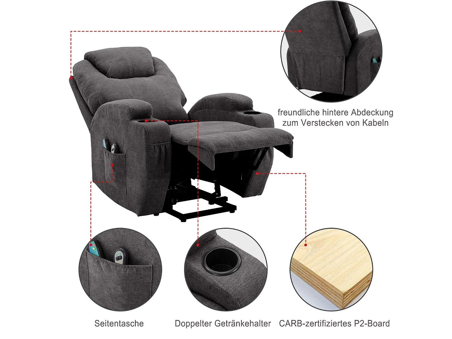 Fauteuil massant en tissu avec releveur électrique - Fauteuil de relaxation - Gris anthracite